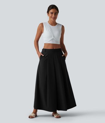 Mid Rise Pleated 7/8 Casual Culottes Pants with Pockets Mid Rise Pleated 7/8 Casual Culottes Pants with Pockets