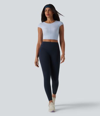 Ribbed Knit Round Neck Short Sleeve Cropped Yoga Sports Top