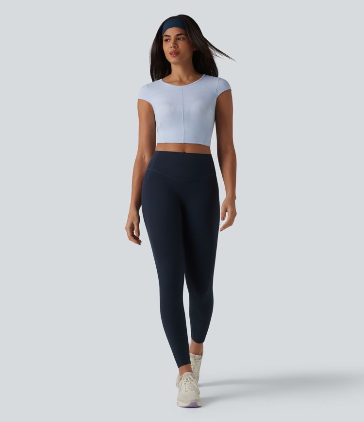 Ribbed Knit Round Neck Short Sleeve Cropped Yoga Sports Top