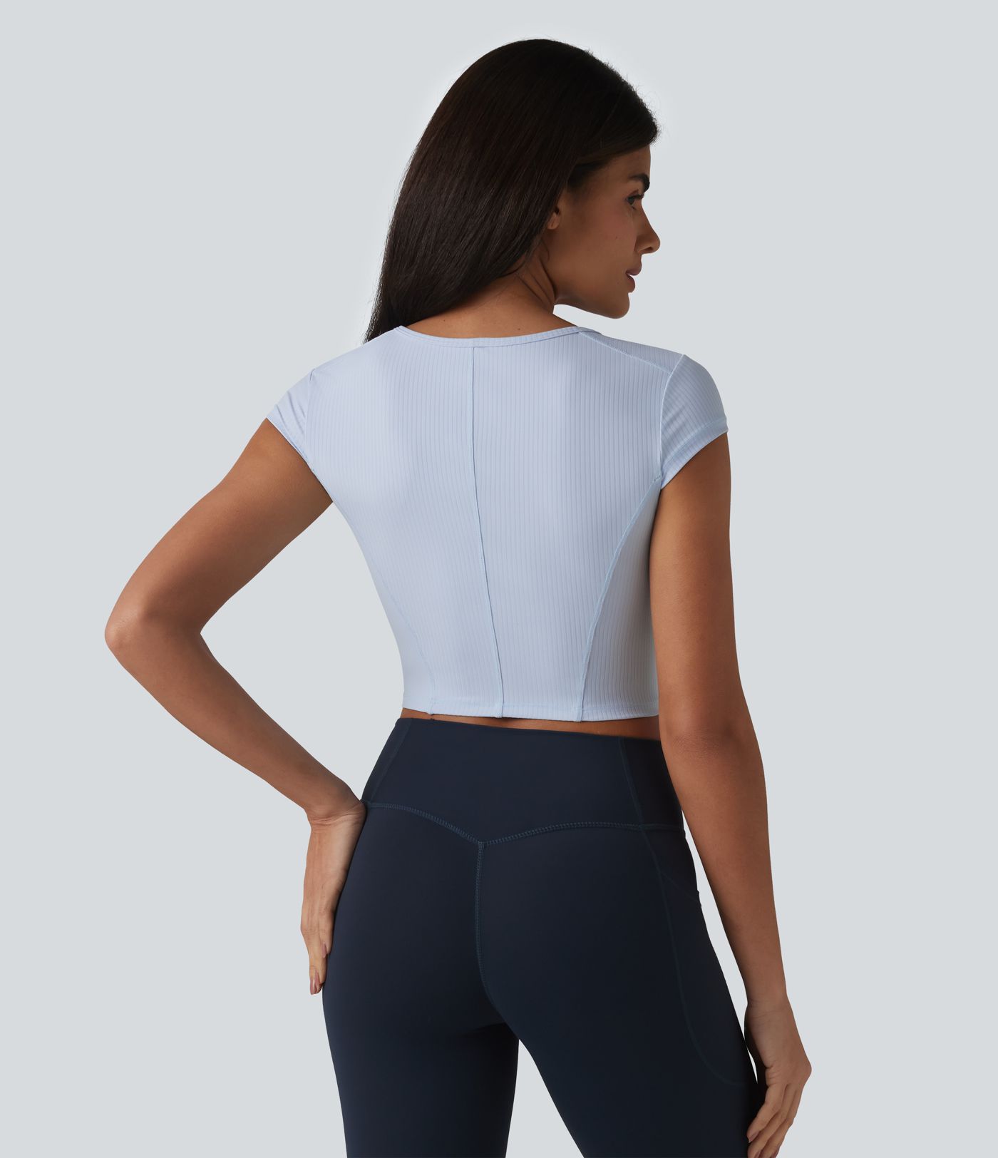 Ribbed Knit Round Neck Short Sleeve Cropped Yoga Sports Top