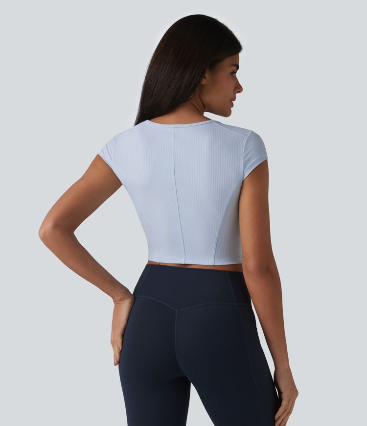 Ribbed Knit Round Neck Short Sleeve Cropped Yoga Sports Top