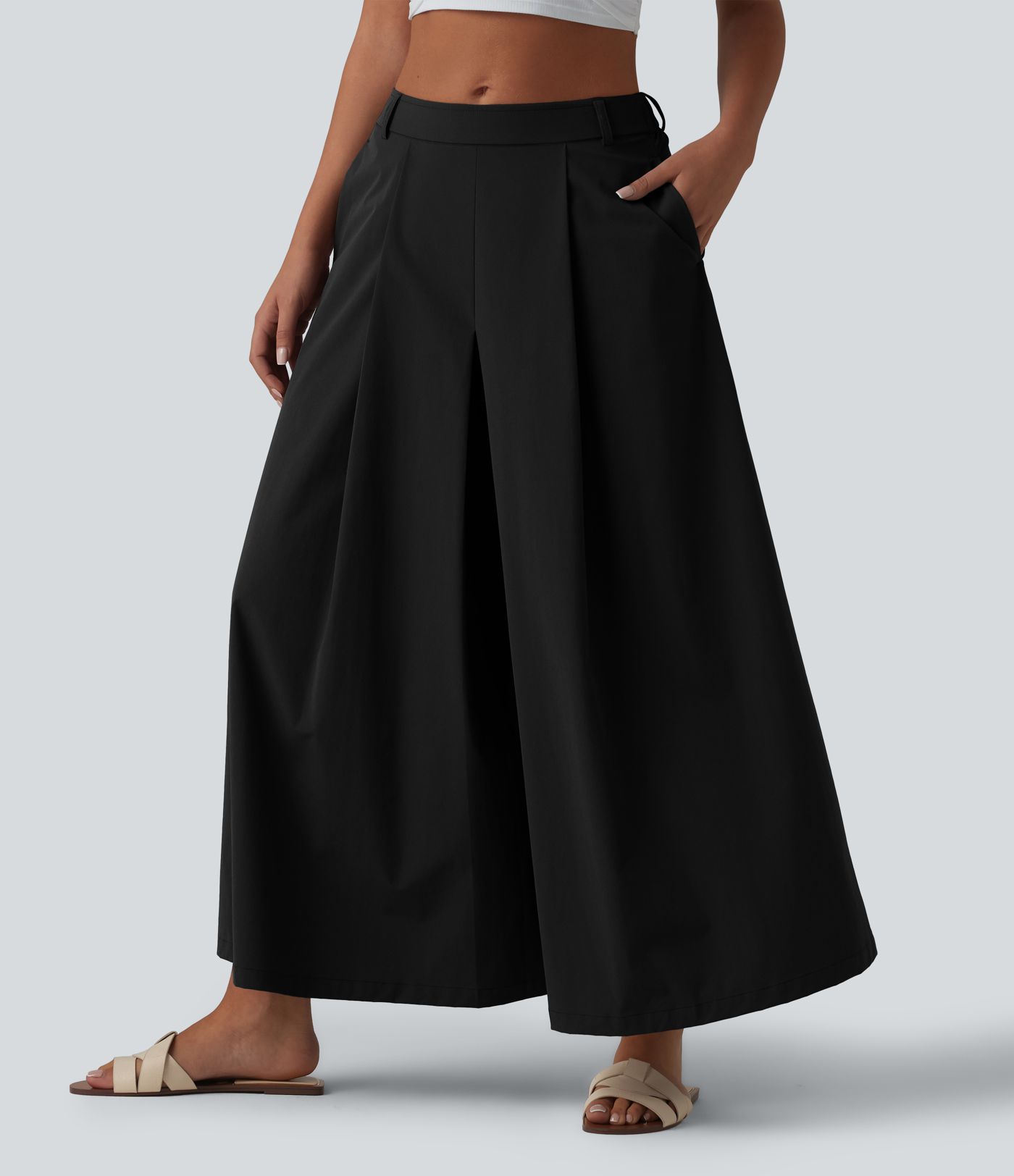 Mid Rise Pleated 7/8 Casual Culottes Pants with Pockets Mid Rise Pleated 7/8 Casual Culottes Pants with Pockets