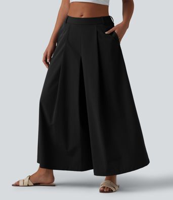 Mid Rise Pleated 7/8 Casual Culottes Pants with Pockets Mid Rise Pleated 7/8 Casual Culottes Pants with Pockets
