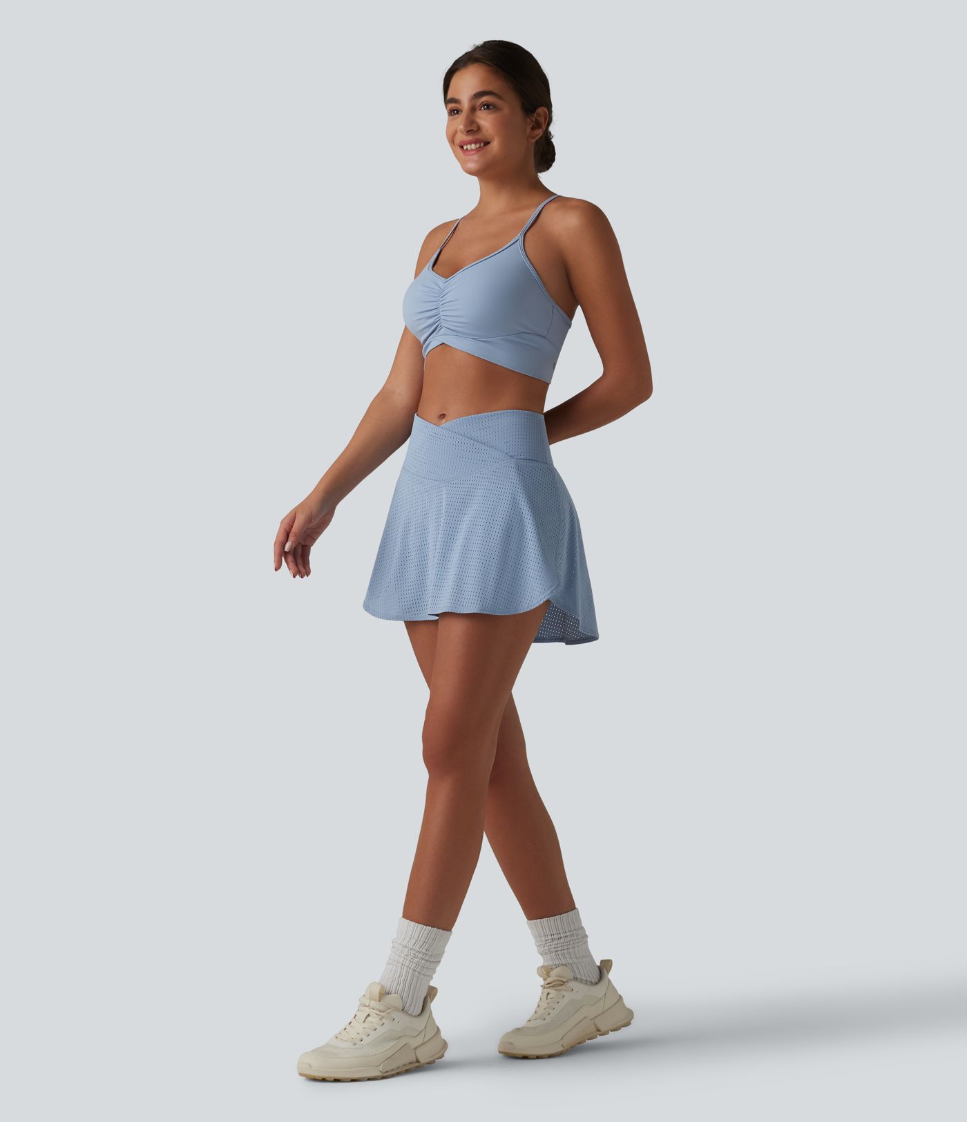 Crossover High Waisted 2-in-1 A-line Mini Eyelet Tennis Skirt with Pockets