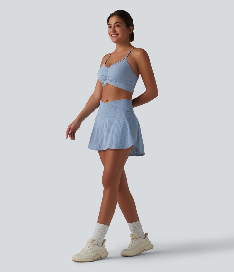 Crossover High Waisted 2-in-1 A-line Mini Eyelet Tennis Skirt with Pockets