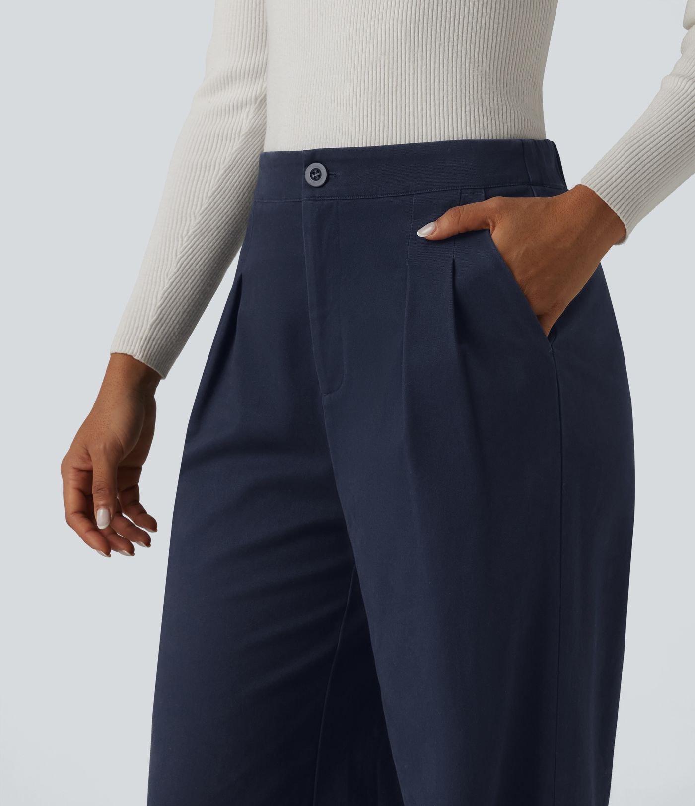 Pantalon tailleur chino large en coton taille haute avec poches