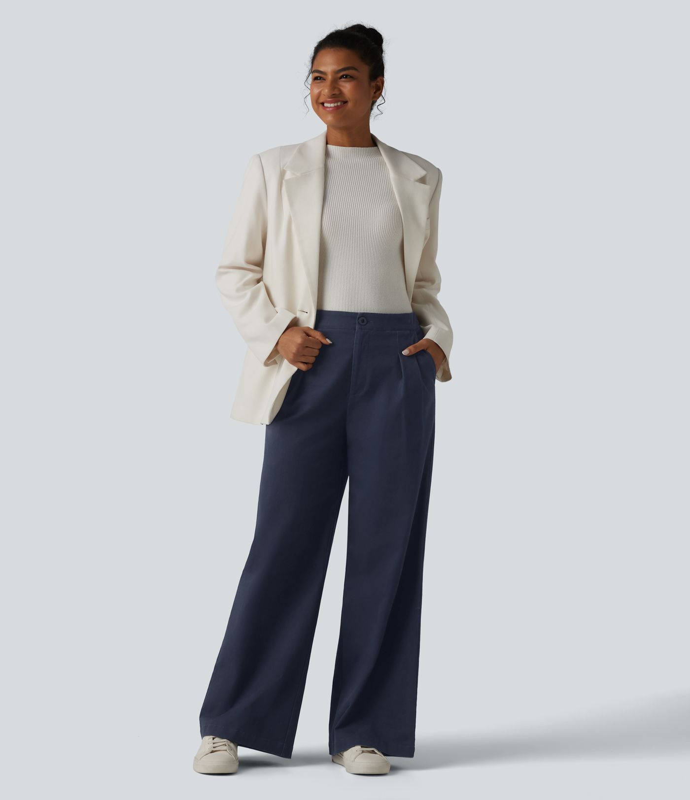 Pantalon tailleur chino large en coton taille haute avec poches
