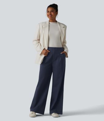 Pantalon tailleur chino large en coton taille haute avec poches