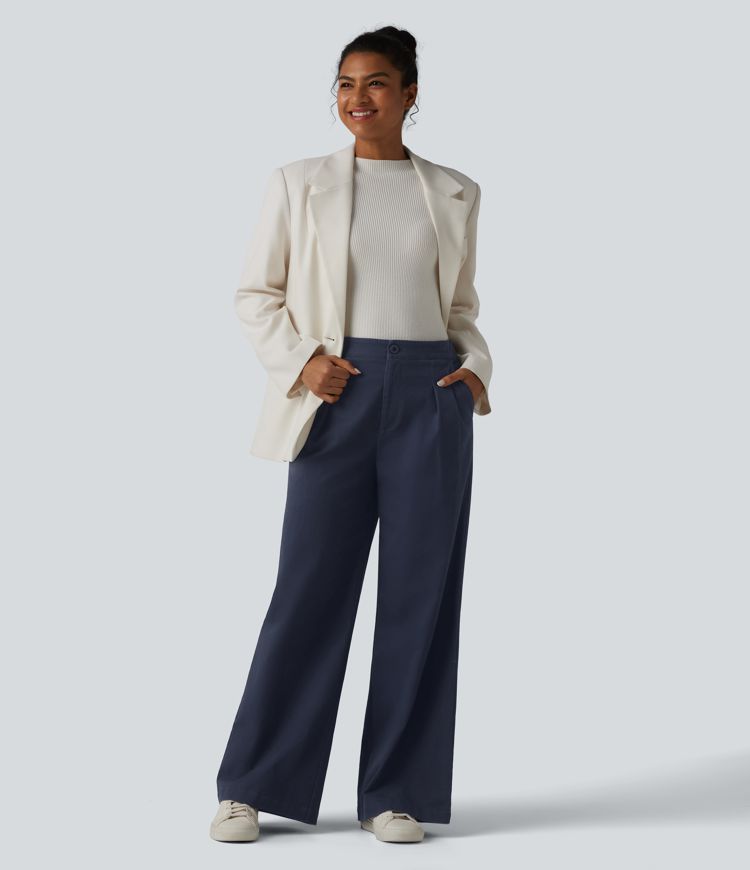 Pantalon tailleur chino large en coton taille haute avec poches