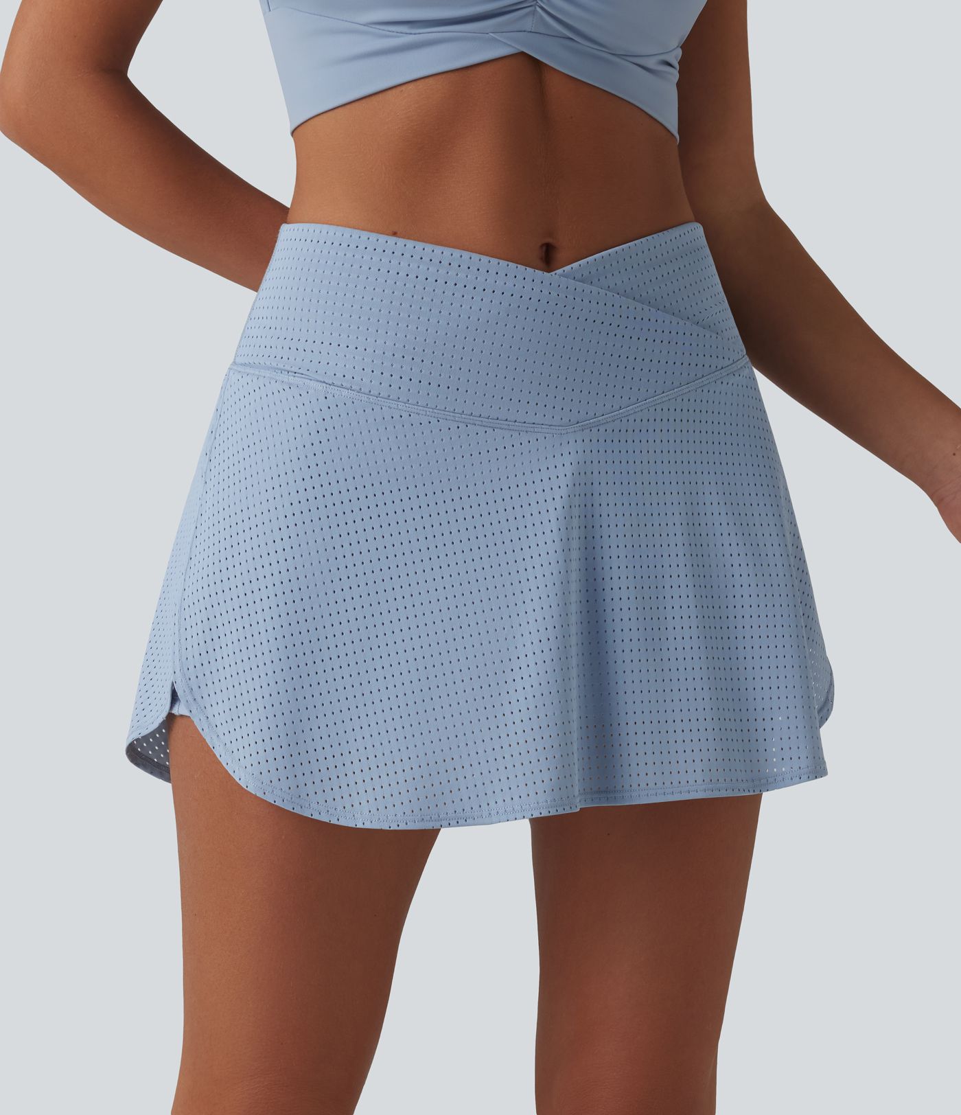 Crossover High Waisted 2-in-1 A-line Mini Eyelet Tennis Skirt with Pockets