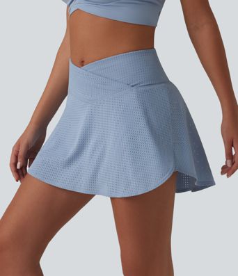 Crossover High Waisted 2-in-1 A-line Mini Eyelet Tennis Skirt with Pockets