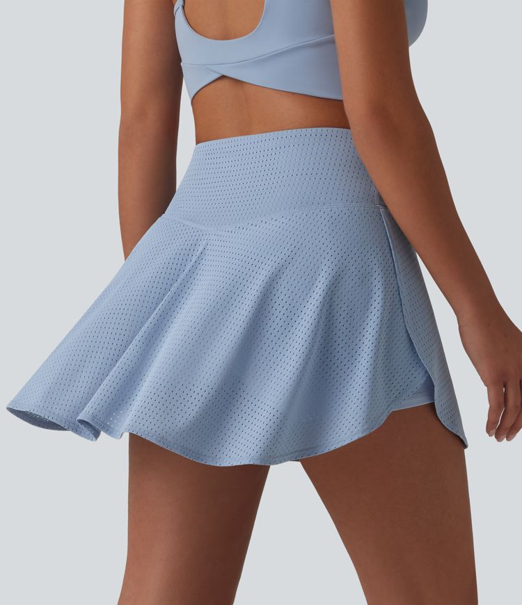 Crossover High Waisted 2-in-1 A-line Mini Eyelet Tennis Skirt with Pockets