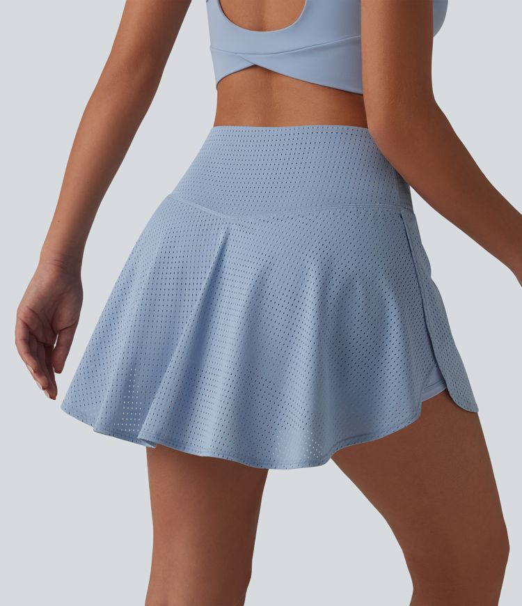 Crossover High Waisted 2-in-1 A-line Mini Eyelet Tennis Skirt with Pockets