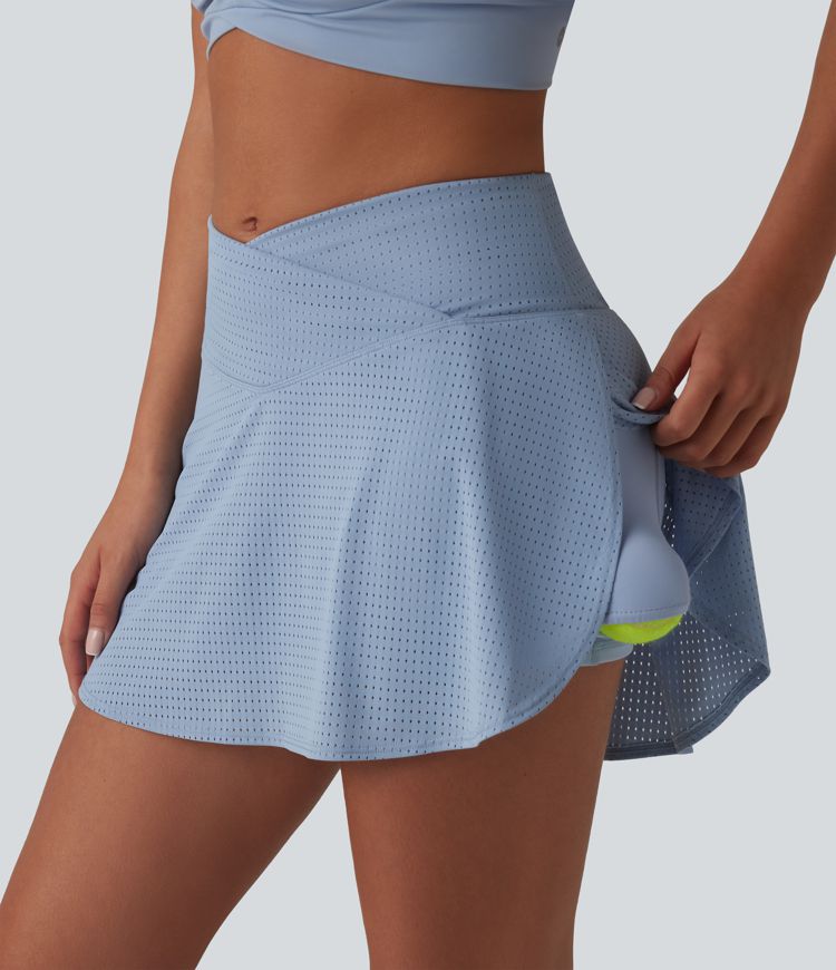 Crossover High Waisted 2-in-1 A-line Mini Eyelet Tennis Skirt with Pockets