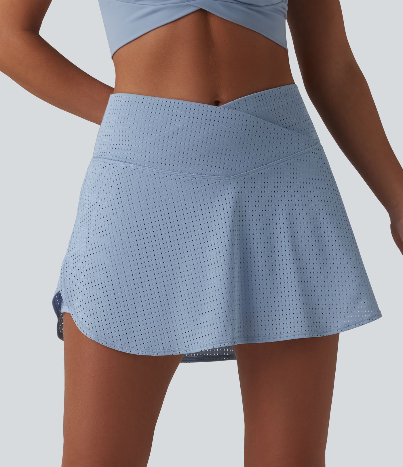 Crossover High Waisted 2-in-1 A-line Mini Eyelet Tennis Skirt with Pockets
