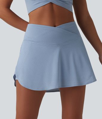 Crossover High Waisted 2-in-1 A-line Mini Eyelet Tennis Skirt with Pockets