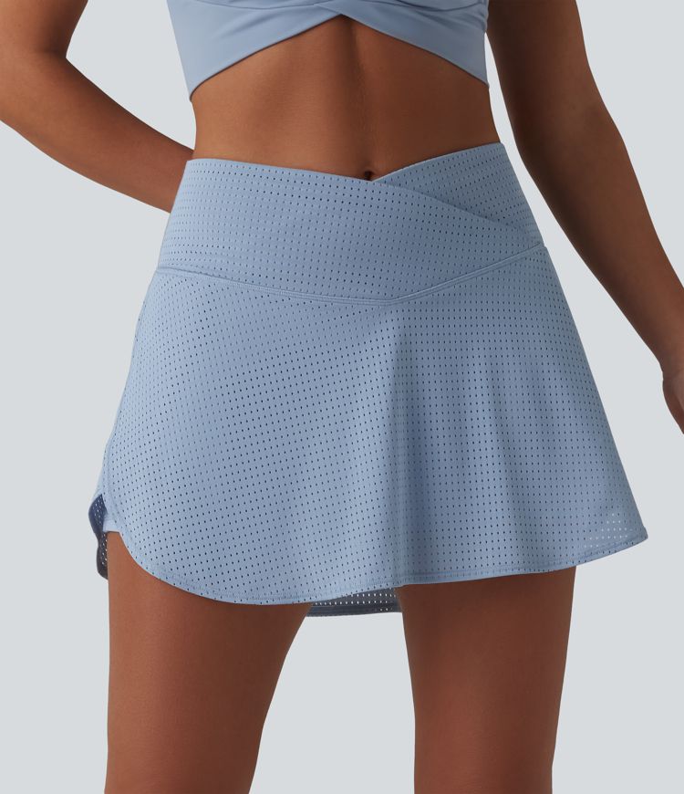 Crossover High Waisted 2-in-1 A-line Mini Eyelet Tennis Skirt with Pockets