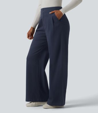 Pantalon tailleur chino large en coton taille haute avec poches