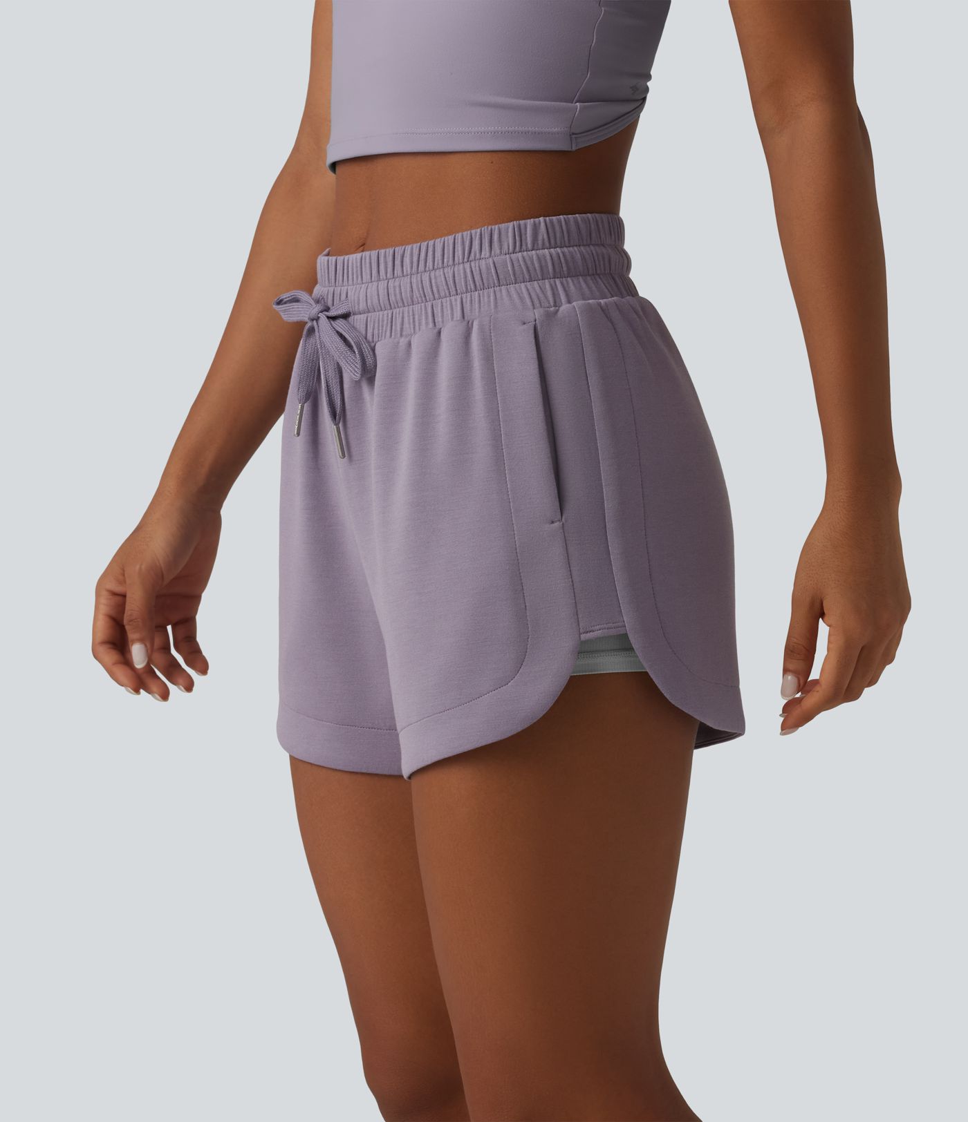 SpacerTek™ Mid Rise Drawstring Curved Hem 2-in-1 Workout Baggy Sweat Shorts with Pockets