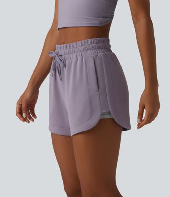 SpacerTek™ Mid Rise Drawstring Curved Hem 2-in-1 Workout Baggy Sweat Shorts with Pockets