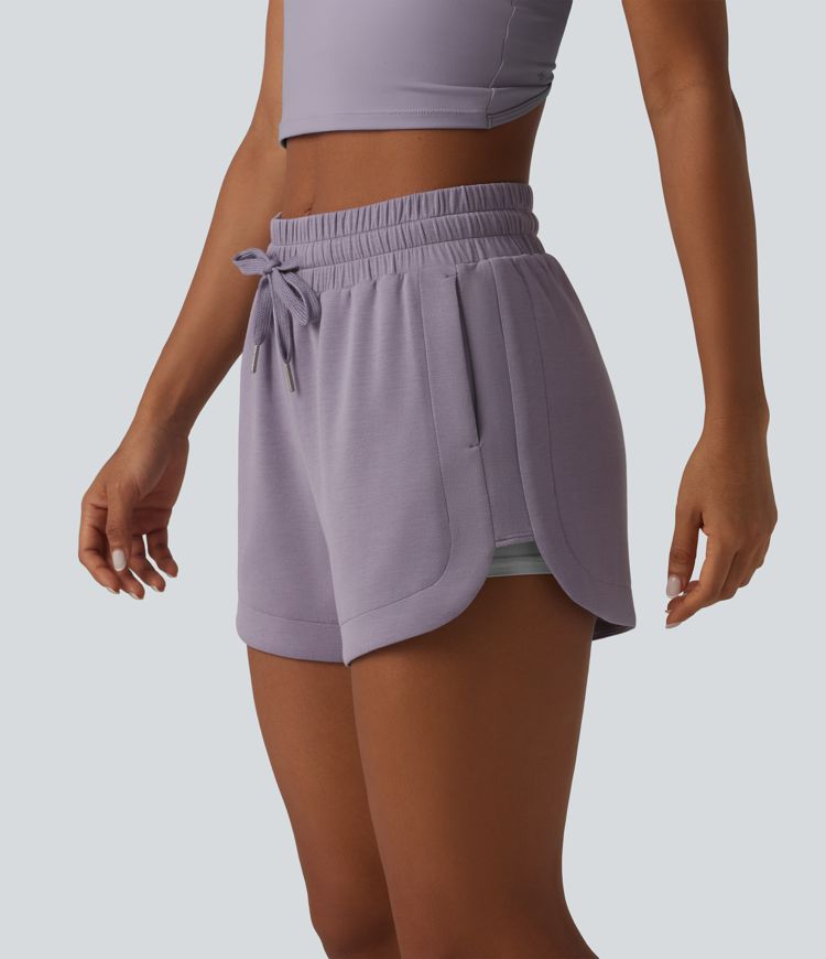 SpacerTek™ Mid Rise Drawstring Curved Hem 2-in-1 Workout Baggy Sweat Shorts with Pockets