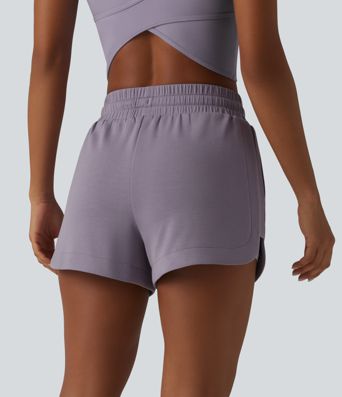 SpacerTek™ Mid Rise Drawstring Curved Hem 2-in-1 Workout Baggy Sweat Shorts with Pockets