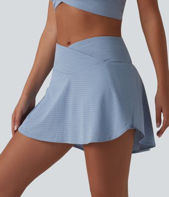 Crossover High Waisted 2-in-1 A-line Mini Eyelet Tennis Skirt with Pockets