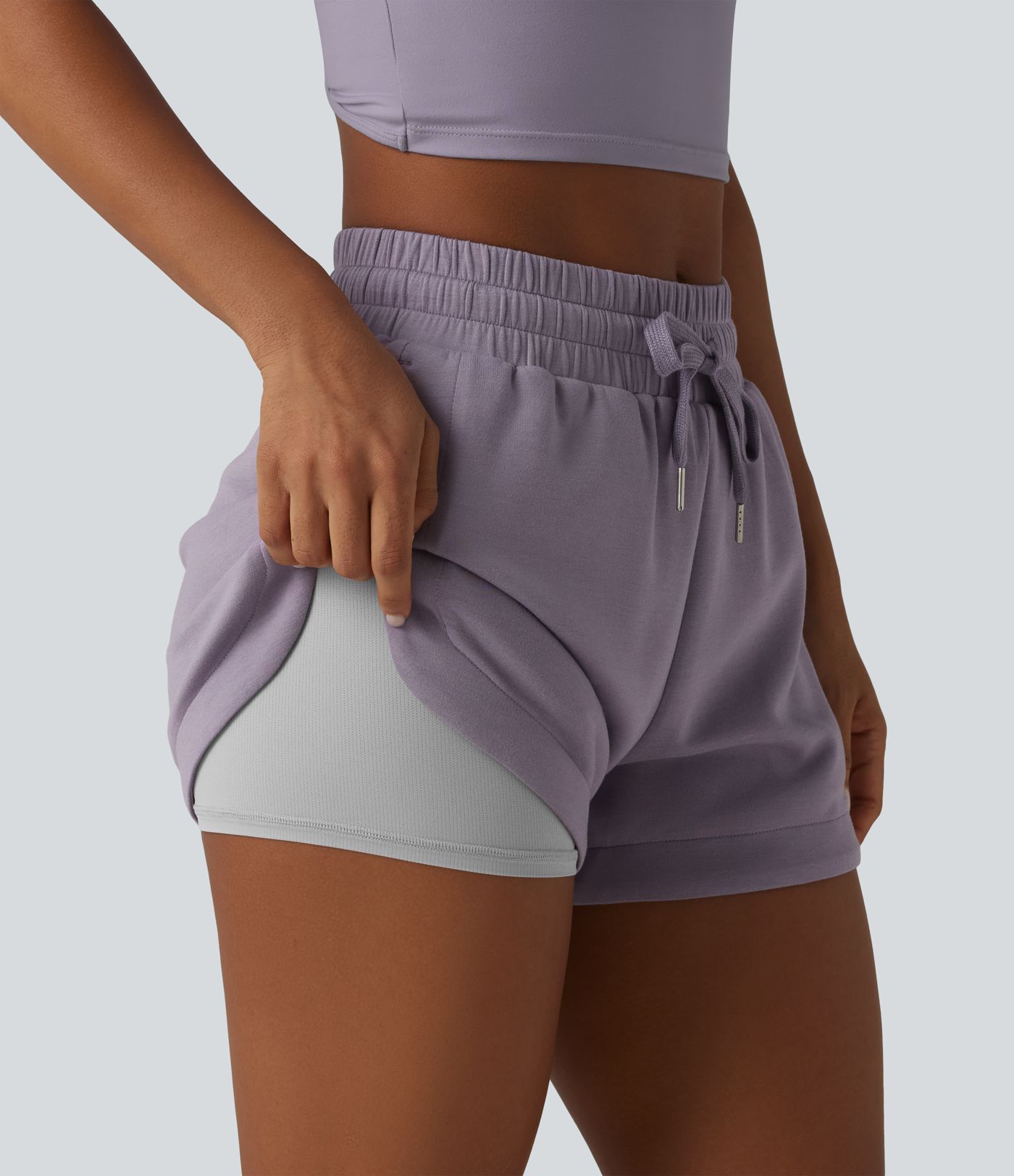 SpacerTek™ Mid Rise Drawstring Curved Hem 2-in-1 Workout Baggy Sweat Shorts with Pockets