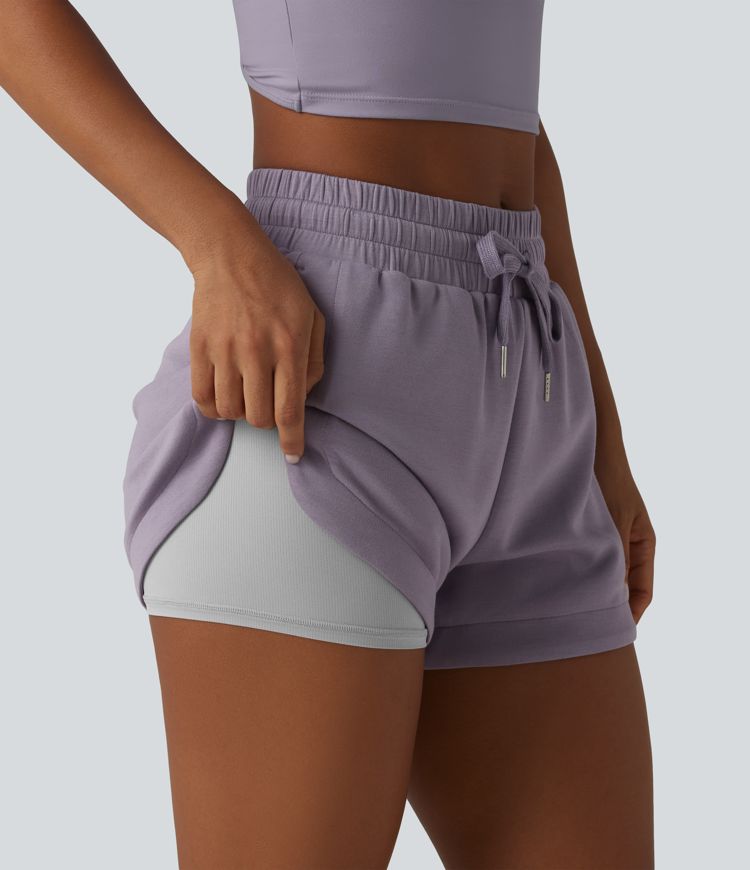 SpacerTek™ Mid Rise Drawstring Curved Hem 2-in-1 Workout Baggy Sweat Shorts with Pockets