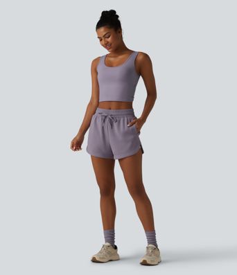 SpacerTek™ Mid Rise Drawstring Curved Hem 2-in-1 Workout Baggy Sweat Shorts with Pockets