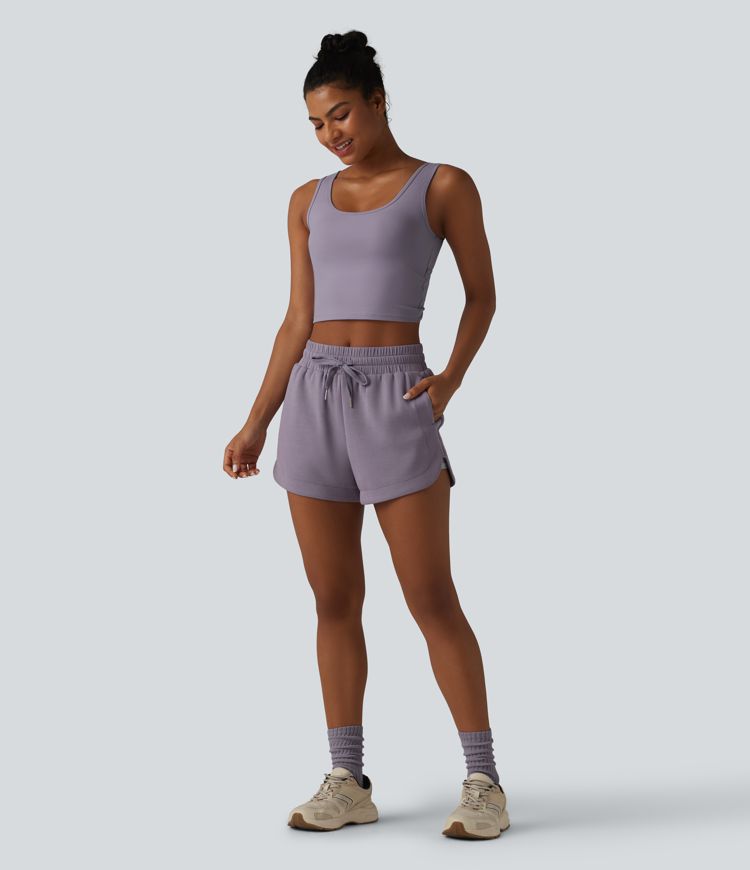 SpacerTek™ Mid Rise Drawstring Curved Hem 2-in-1 Workout Baggy Sweat Shorts with Pockets