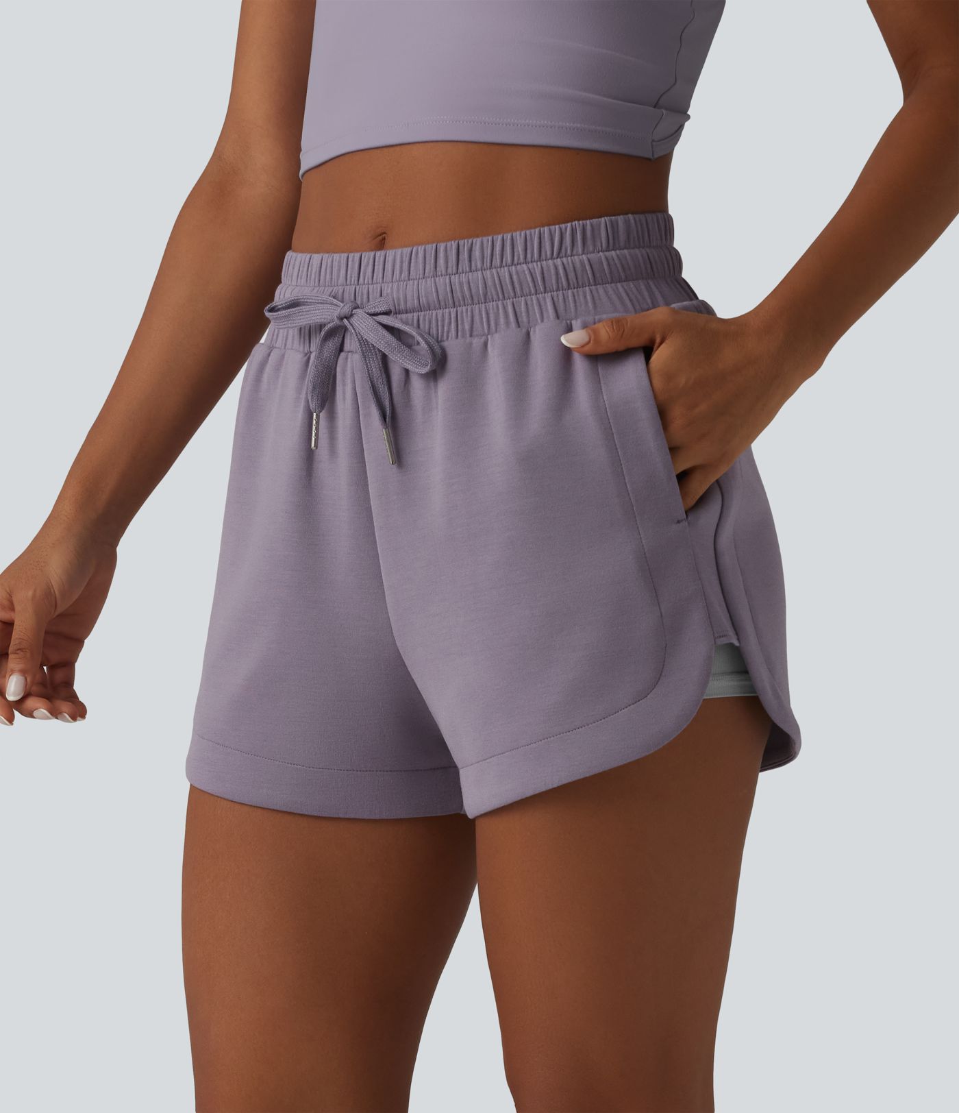 SpacerTek™ Mid Rise Drawstring Curved Hem 2-in-1 Workout Baggy Sweat Shorts with Pockets