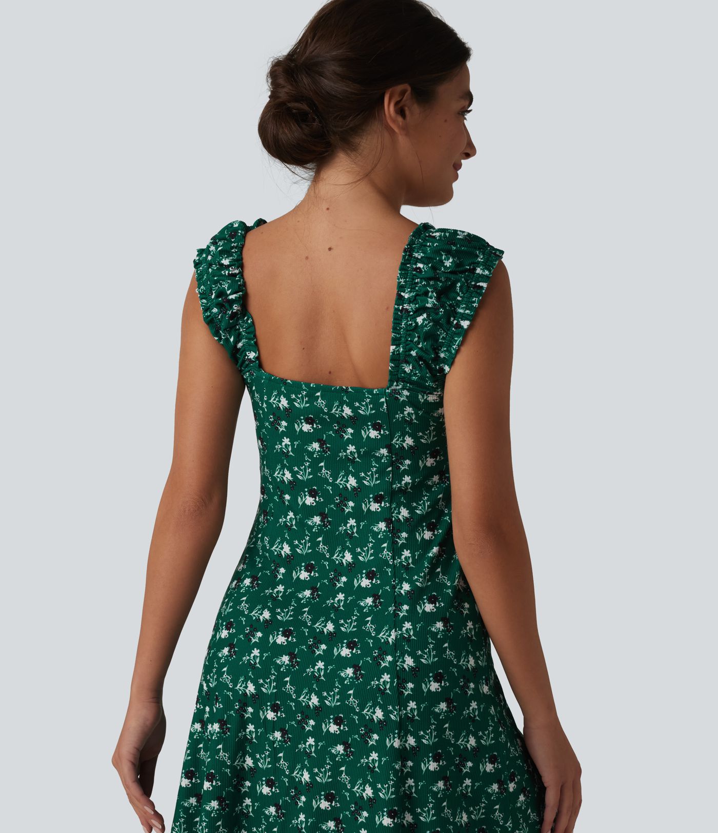 U-Neck Sleeveless Frill Ditsy Floral Built-in Bra Mini A-Line Resort Dress