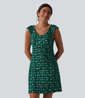 U-Neck Sleeveless Frill Ditsy Floral Built-in Bra Mini A-Line Resort Dress