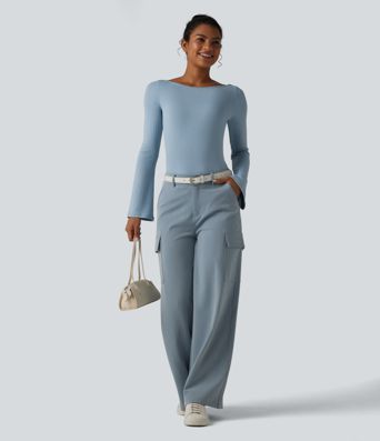 Ribbed Knit Boat Neck Bell Long Sleeve Casual Top