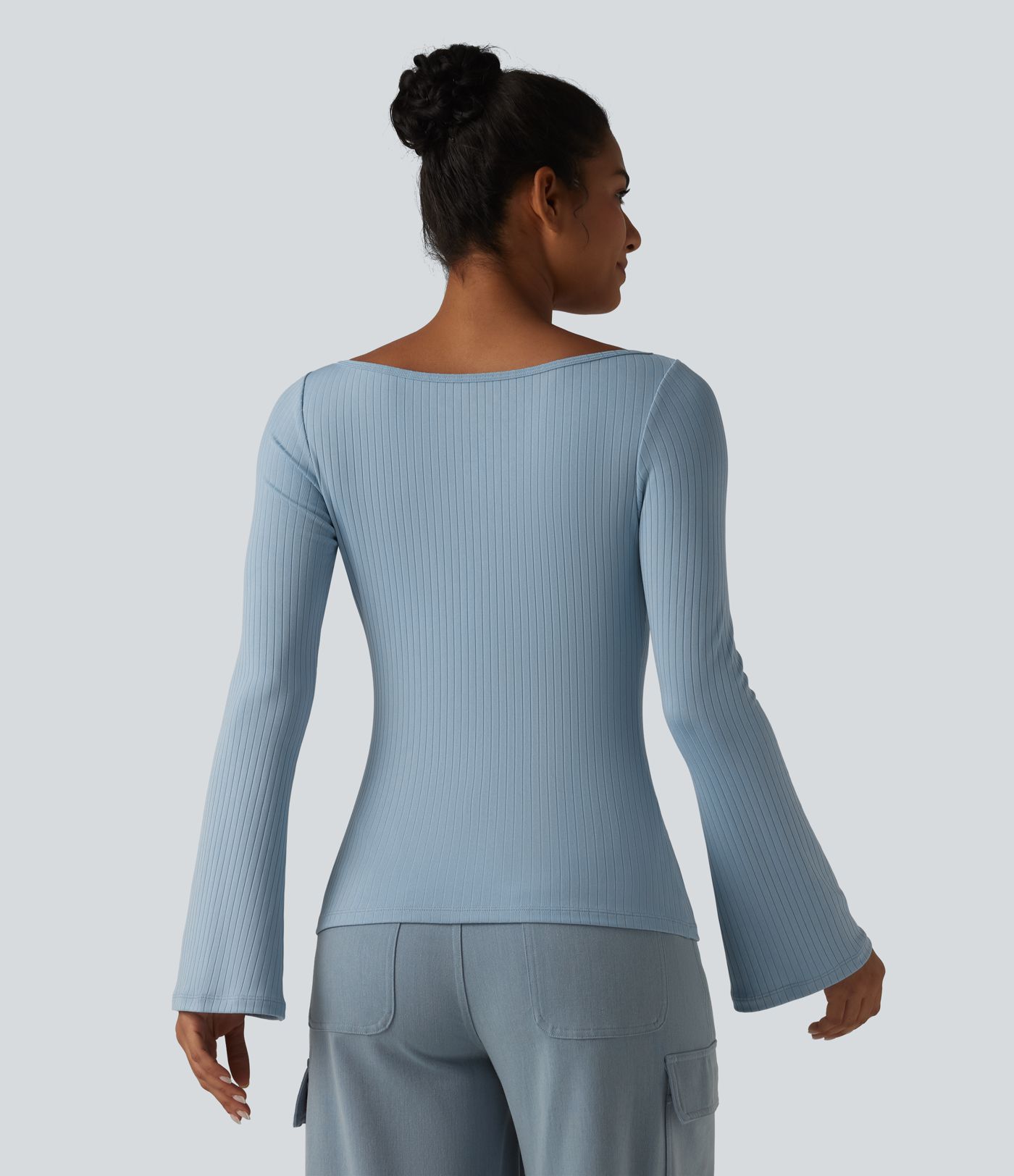 Ribbed Knit Boat Neck Bell Long Sleeve Casual Top