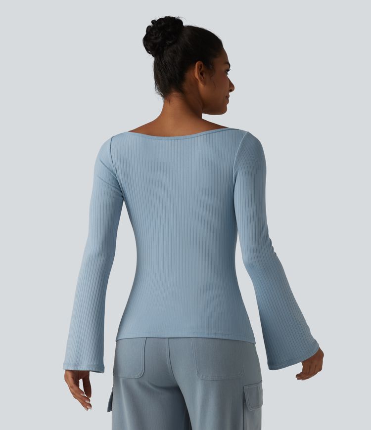 Ribbed Knit Boat Neck Bell Long Sleeve Casual Top