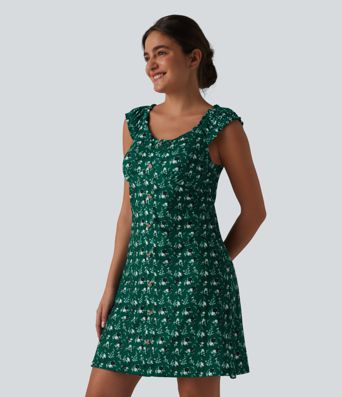 U-Neck Sleeveless Frill Ditsy Floral Built-in Bra Mini A-Line Resort Dress