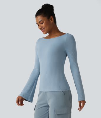 Ribbed Knit Boat Neck Bell Long Sleeve Casual Top