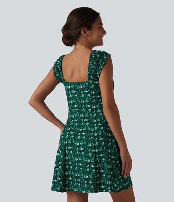 U-Neck Sleeveless Frill Ditsy Floral Built-in Bra Mini A-Line Resort Dress