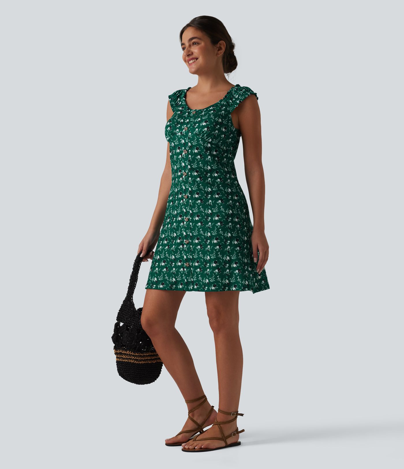 U-Neck Sleeveless Frill Ditsy Floral Built-in Bra Mini A-Line Resort Dress