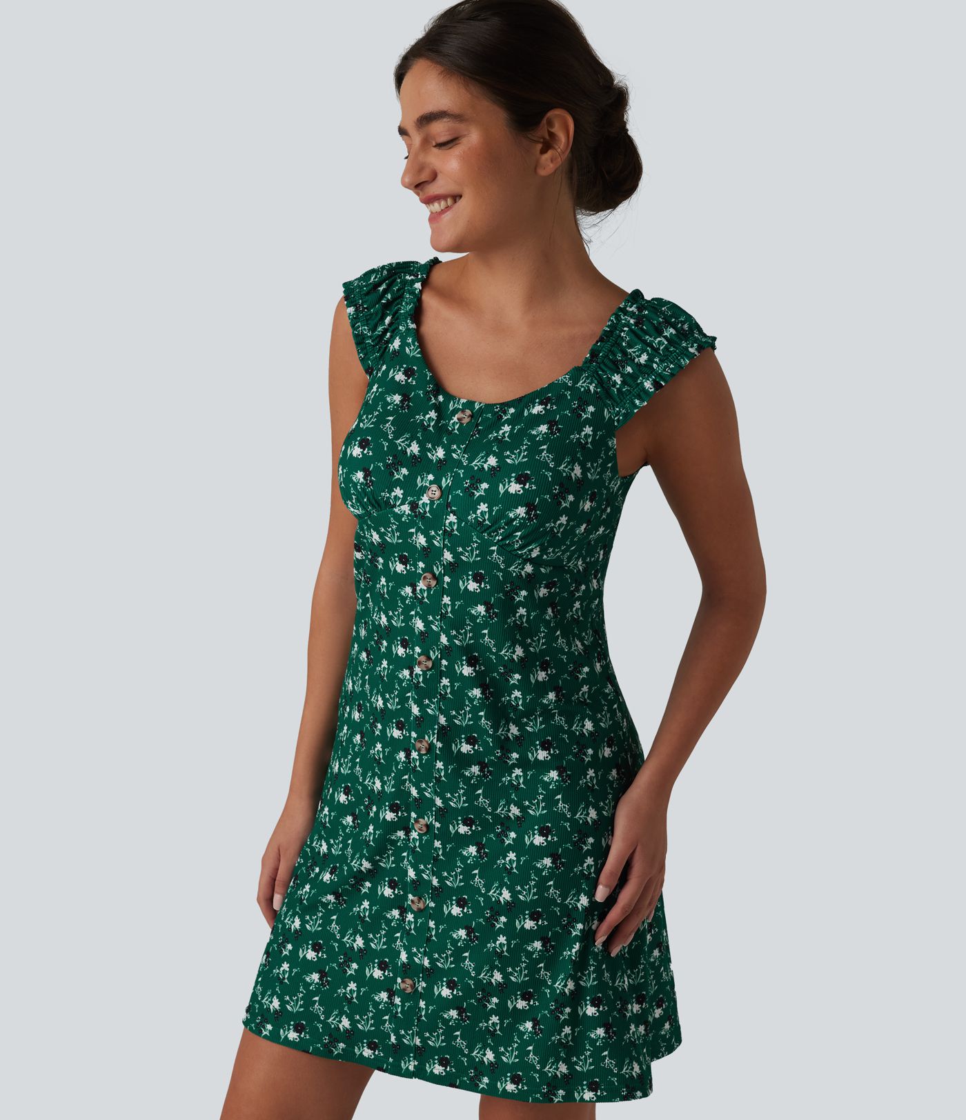 U-Neck Sleeveless Frill Ditsy Floral Built-in Bra Mini A-Line Resort Dress