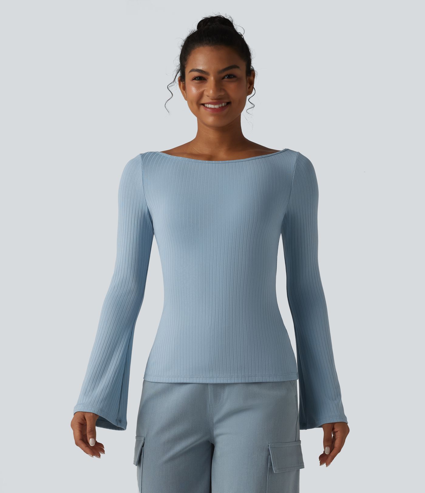 Ribbed Knit Boat Neck Bell Long Sleeve Casual Top
