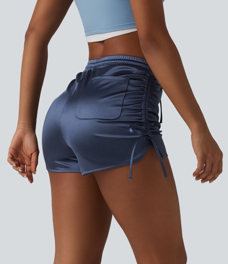 High Waisted Drawstring Ruched Satin Casual Shorts with Pocket
