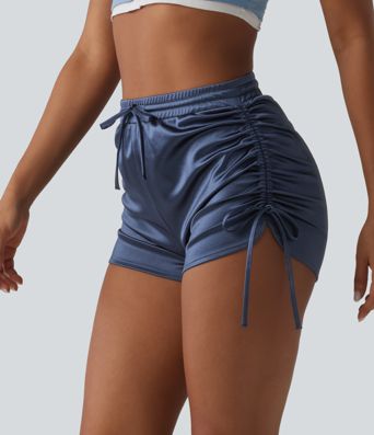High Waisted Drawstring Ruched Satin Casual Shorts with Pocket