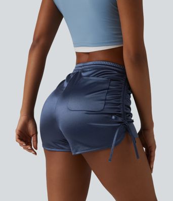 High Waisted Drawstring Ruched Satin Casual Shorts with Pocket