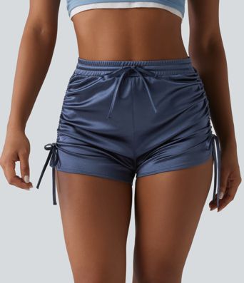 High Waisted Drawstring Ruched Satin Casual Shorts with Pocket