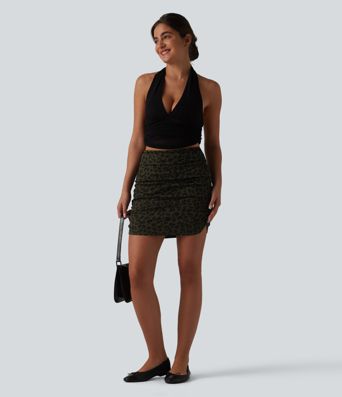 Jupe mini moulante décontractée 2 en 1 à imprimé léopard, taille haute, effet ventre plat et ourlet arrondi froncé