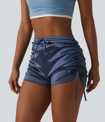 High Waisted Drawstring Ruched Satin Casual Shorts with Pocket