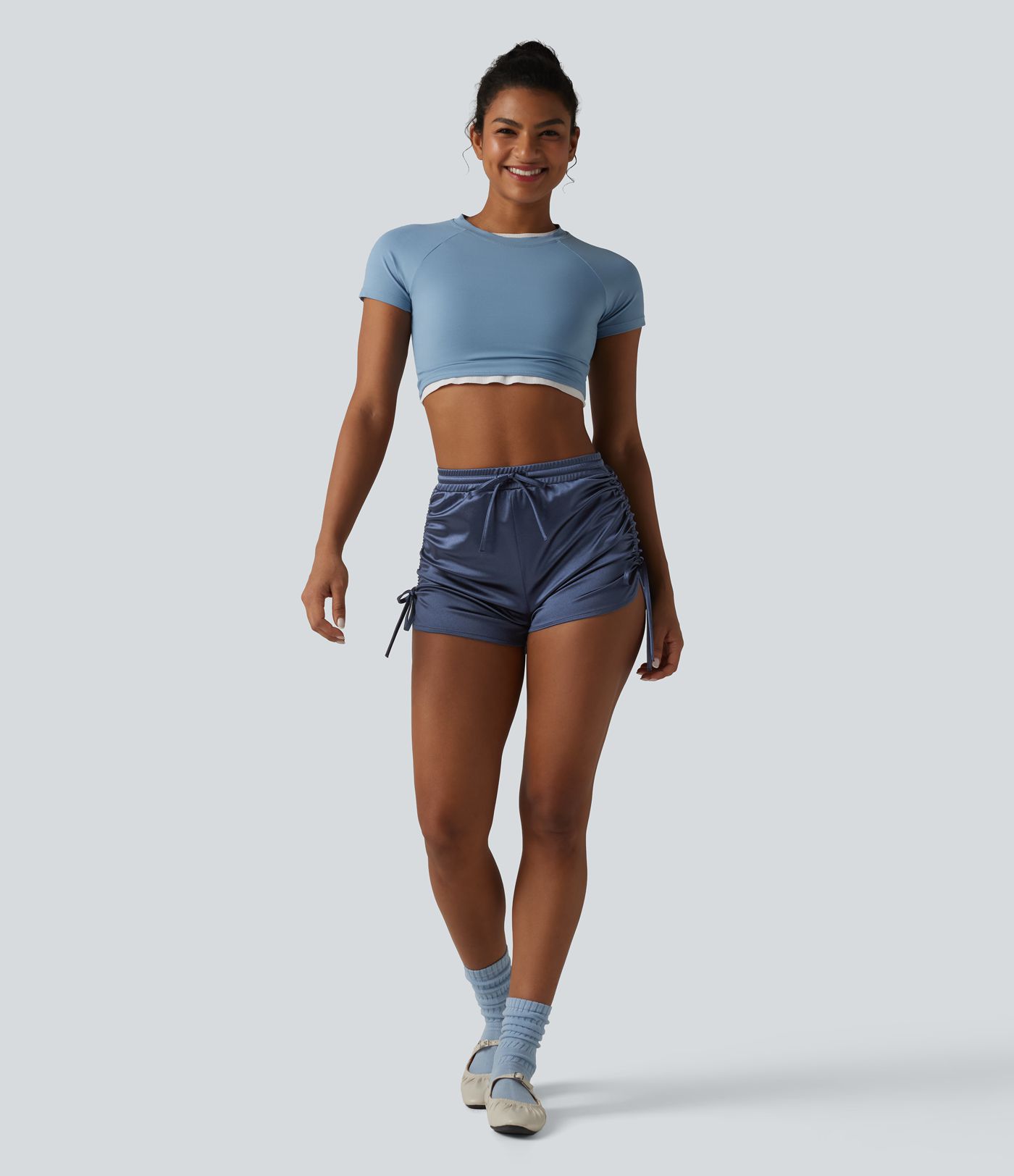 High Waisted Drawstring Ruched Satin Casual Shorts with Pocket